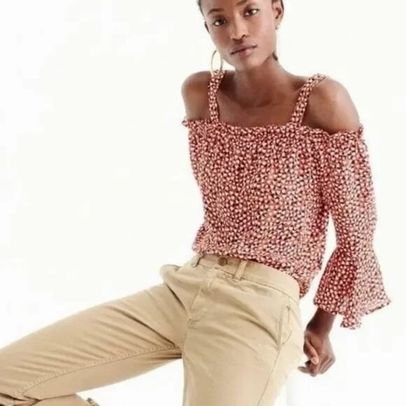 J. Crew Heart Print Off-Shoulder Blouse 100% Silk Red Blue White Ruffle Size 4 - Picture 8 of 8
